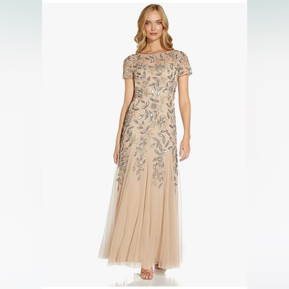 New Adrianna Papell Dress Hand Beaded Short Sleeve Floral Godet Gown Size 14 New - Picture 2 of 11